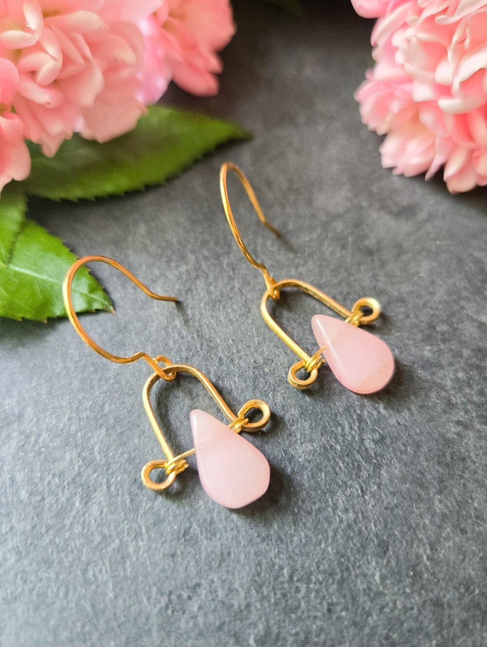 NWT Artisan-Made Rose Quartz Brass Arc Earrings